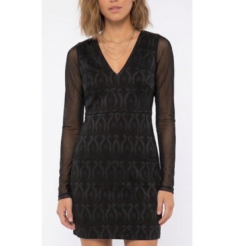 Catherine Malandrino Black Flocked Damask Mesh Sleeve VNeck Sheath Dress Size XS